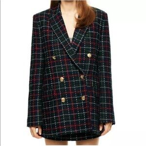 ZARA Plaid Double Breasted Blazer Green Red Gold Button Jacket Size M